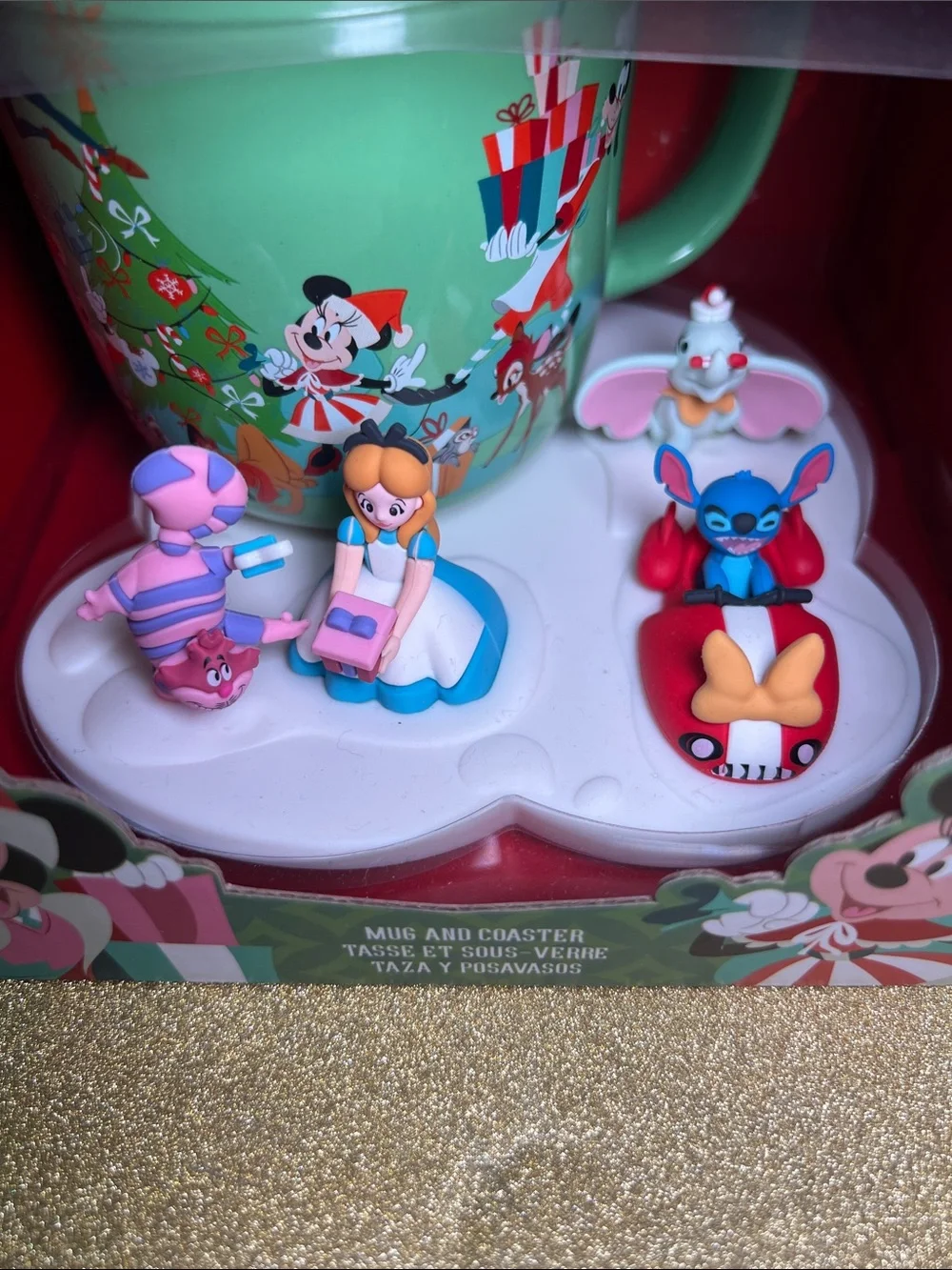 NIB Disney Christmas Holiday Green Mug with Festive Character Coaster